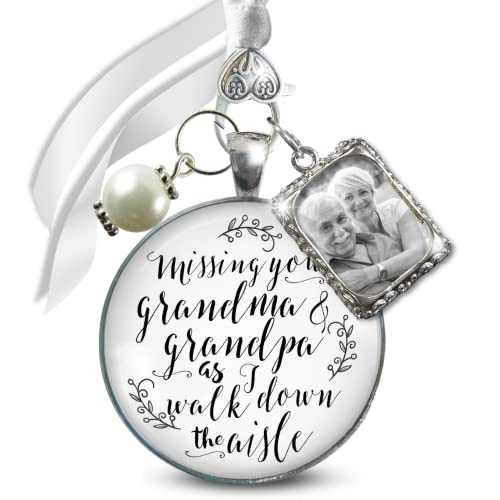 Gutsy Goodness Bouquet Charm Bridal Memorial Missing Grandma and Grandpa Wedding Day Photo Keepsake Classic White Silvertone 1 Frame Sentimental Bride Jewelry