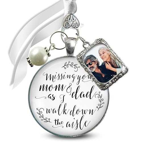 Gutsy Goodness Wedding Bouquet Charms Parents Photos Memorial Missing You Mom and Dad As I Walk Down Aisle Frame Antique Silvertone Pendant Jewelry White Glass White Bead Bride's Flowers DIY Picture Template