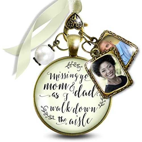 Gutsy Goodness Memory Photo Charms For Wedding Bouquet In Remembrance of Parents Mom and Dad You Walk Beside Me Vintage Bronze Cream Glass Jewelry White Bead 2 Frames Ties to Bride's Flowers DIY Picture Template|Glomarket