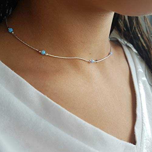 スターリングシルバー 3mm 作成オパール ビーズ チョーカー ネックレス レディース ガールズ用 Avnis Sterling Silver 3mm Created Opal Beads Choker Necklace for Women Girls