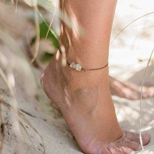 ホワイト ムーンストーン ビーズ バー アンクレット ブロンズ - 本物の宝石 White Moonstone Bead Bar Anklet in Bronze - Genuine Gemstone