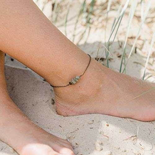 ラブラドライト ビーズ バー アンクレット ブロンズ - 本物の宝石 Labradorite Bead Bar Anklet in Bronze - Genuine Gemstone
