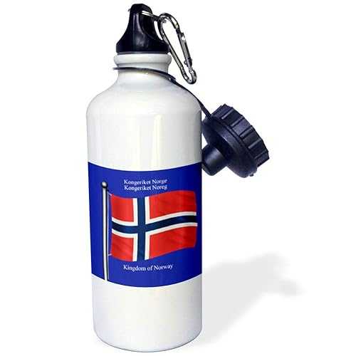 3dRose The Flag of Norway on a Blue Background with The Kingdom of Norway in English and Norwegian Sports Water Bottle, 21 oz, White画像