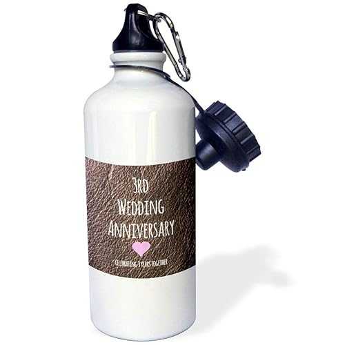 3dRose 3Rd Wedding Anniversary Gift Leather Celebrating 3 Years Together Third Anniversaries Three Yrs. Sports Water Bottle, 21 oz, White