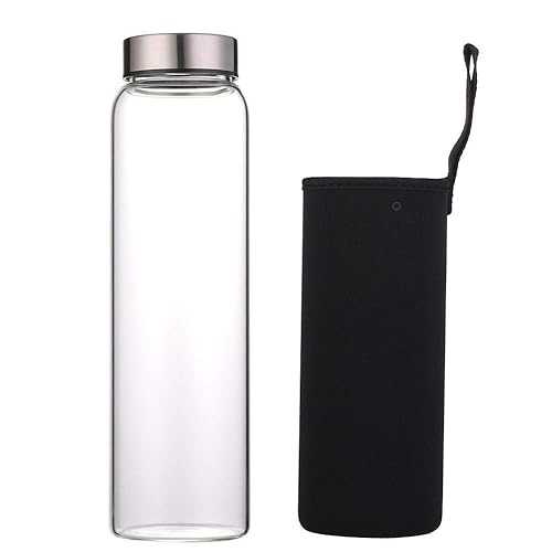 sunkey Glass Water Bottle 32 oz High Borosilicate with Neoprene Sleeve Leak Proof Lid Reusable Eco Friendly Bpa Free
