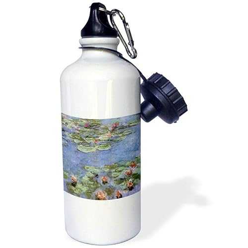 3dRose Water Lilies Vintage Monet Sports Water Bottle, 21 oz, White