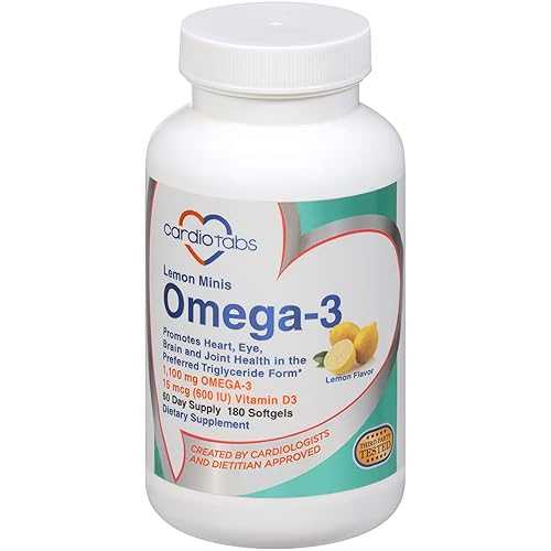 Cardiotabs Omega 3 Lemon Minis + Vitamin D3, 1,100 瓱 Omega-3 インチ Triglyceride Form and 600 IU Vitamin D3, Easy-to-Swallow, Fresh Lemon-Flavored Omega-3 Supplement Softgels - 180 Count