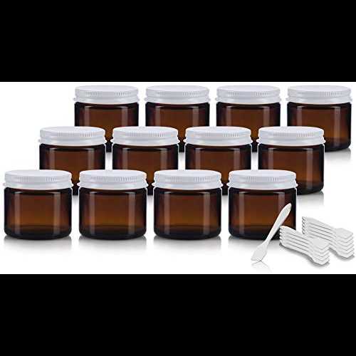ホワイトメタル気密蓋付き琥珀厚ガラスストレートジャー - 2 オンス / 60 ml (12 パック) + スパチュラ JUVITUS Amber Thick Glass Straight Sided Jar with White Metal Airtight Lid - 2 oz / 60 ml (12 pack) + Spatulas