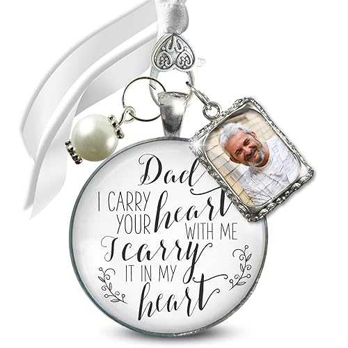 Gutsy Goodness Wedding Bouquet Charm Memorial Dad I Carry You In My Heart 1 Photo Frame White Glass Silvertone Pendant Jewelry White Bead In Loving Memory of Father Bridal Flowers DIY Picture Template 7,782円