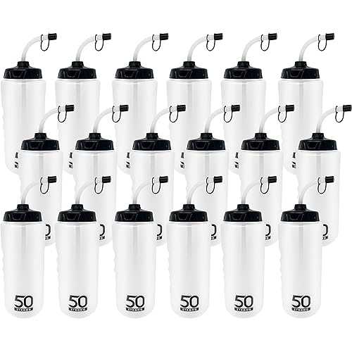 50 Strong 1 Liter Water Bottle with Straw | Hockey Water Bottle with Long Straw | Easy Squeeze Bottles + Built In Finger Grip | Bulk Water Bottles 18 Pack | BPA-Free Sports Water Bottle | Made インチ USA