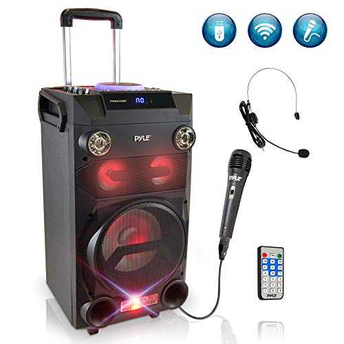 Pyle アウトドア ポータブル ワイヤレス Bluetooth カラオケ PA ラウド スピーカー - DJ ライト、充電式バッテリー、FM ラジオ、USB / マイクロ SD リーダー、マイク、リモコン付き 8 インチ サブウーファー サウンド システム - PWMA335BT Pyle Ou
