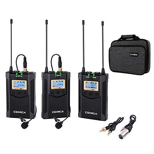 Comica CVM-WM100 Plus UHF 48チャンネルワイヤレスデュアルラベリアマイクシステム Canon Nikon Sony Panasonic DSLRカメラ、XLRビデオカメラ、スマートフォン用 (2TX+1RX) Comica CVM-WM100 Plus UHF 48-Channel Wireless Dual Lavalier Microphone