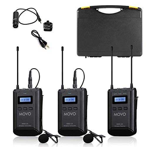 Movo WMX-20-DUO 48 チャンネル UHF ワイヤレス ラベリア マイク システム、受信機 1 台、送信機 2 台、ラペル マイク 2 個を備え、DSLR カメラと互換性があります (音声範囲 330 フィート) Movo WMX-20-DUO 48-Channel UHF Wireless Lavalier M
