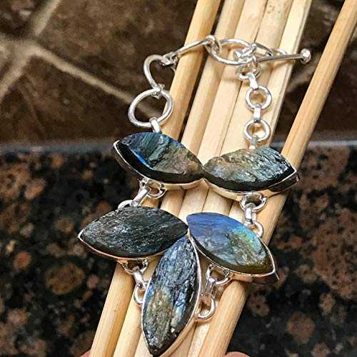 ナチュラルブルー虹色ラブラドライト 925 スターリングシルバー ブレスレット 8 インチ調節可能なリンク Natural Rocks by Kala Natural Blue Iridescence Labradorite 925 Sterling Silver Bracelets 8" Adjustable Links｜Glomarket