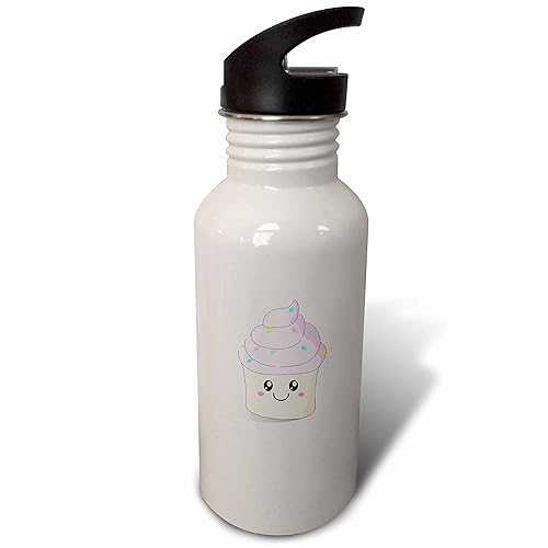 3dRose Cute As a Cupcake Adorable Happy Dessert-Kawaii Smiley Smiling Cupcakes on Lilac Purple Sports Water Bottle, 21 oz, White