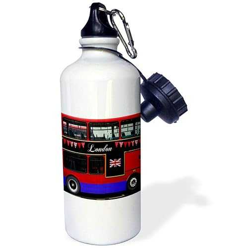 3dRose London Double Decker Red Bus with Bunting and Flag-Uk Great Britain United Kingdom Travel Souvenir Sports Water Bottle, 21 oz, White画像