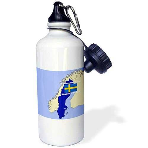 3dRose Map and Flag of Sweden with The Kingdom of Sweden Printed in Both English and Swedish Sports Water Bottle, 21 oz, White画像