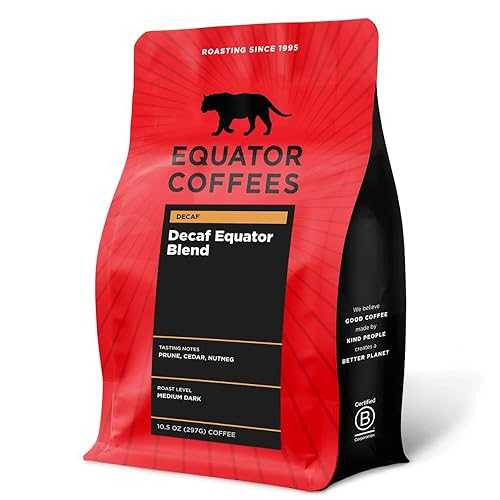 Equator Coffees & Teas Equator Coffees, Equator Blend Decaf Whole Bean Coffee, Medium Dark Roast, Fresh Roasted, Smooth Chocolate Nutmeg Flavor Notes, Sustainable, Decaffeinated Water Process, 10.5 oz Bag