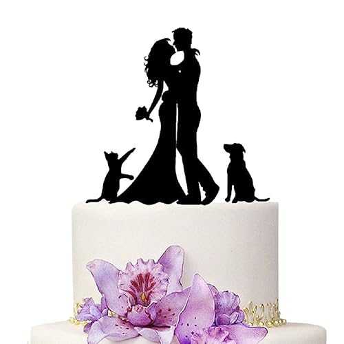 YAMI COCU Wedding Cake Toppers Bride and Groom With Cat And Dog Animal Black Color Acrylic Silhouette Wedding Party Engagement Decoration画像