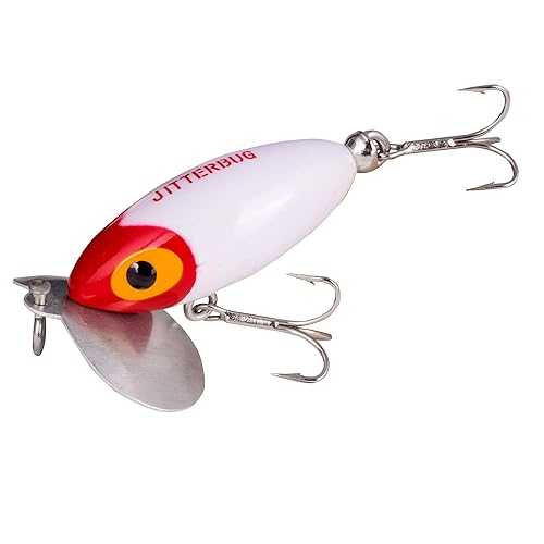 Arbogast Jitterbug Topwater Bass Fishing Lure, Excellent for Night Fishing, White/Red Head, 2