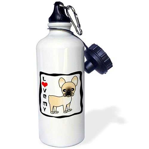 3dRose I Love My French Bulldog Black Masked Fawn Cream Sports Water Bottle, 21 oz, White