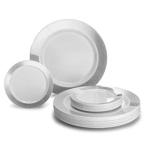\" OCCASIONS \"" 50 Plates Pack, Heavyweight Premium Disposable Plastic Plates Set (25 x 10.5\u0027\u0027 Dinner + 25 x 6.25\u0027\u0027 Cake plates) (Diamond インチ White \u0026 Silver) OCCASIONS FINEST PLASTIC TABLEWARE \"" OCCASIONS \"" 50"