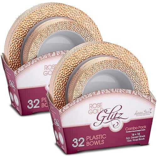 Laura Stein Designer Dinnerware Set / 64 Disposable Plastic Party Bowls / White Wedding Bowl with Rose Gold Rim / Set Includes 32 x 12 oz Soup Bowls + 32 x 5 oz Dessert Bowls / Glitz Series|Glomarket