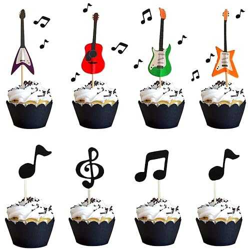 JeVenis 30 Pcs Music Notes Cupcake Toppers Guitar Cake Toppers Rock Cupcake Topper for Kids Birthday Musician Party Baby Shower Party Favor画像