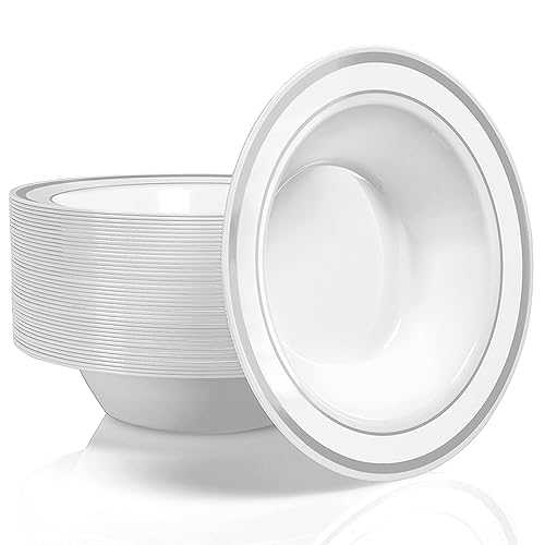 Stock Your Home Plastic Party Bowls (50 Pack) 12 Oz Elegant Disposable Dinnerware - Fancy Shatterproof Tableware for Catering, Holidays, Parties Supplies, Weddings, Catering, and Everyday Use (Silver)
