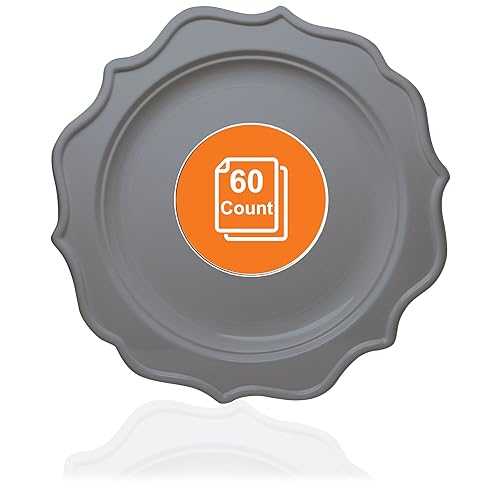 Tiger Chef 60枚、8インチ シルバーカラー ラウンドスカラップリム 使い捨てプラスチックプレートセット プラスチックサラダプレート60枚付き - BPAフリー Tiger Chef 60-Count, 8-inch Silver Color Round Scalloped Rim Disposable Plastic Plate Se