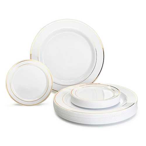 \" OCCASIONS \"" 240 Plates Pack, Heavyweight Premium Disposable Plastic Plates Set 120 x 10.5\u0027\u0027 Dinner + 120 x 6.25\u0027\u0027 Dessert/Cake Plates (White \u0026 Gold Rim) OCCASIONS FINEST PLASTIC TABLEWARE \"" OCCASIONS \"" 240 P"