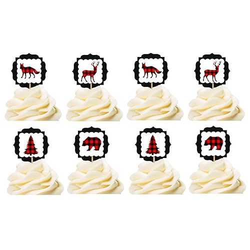 CakeSupplyShop 木こり 森の動物 鹿 キツネ クマの木 レッド&ブラック バッファローチェック柄コレクション (カップケーキトッパー12個パック) CakeSupplyShop Lumberjack Forest Animals Deer Fox Bear Tree Red & Black Buffallo Plaid Collecti画像