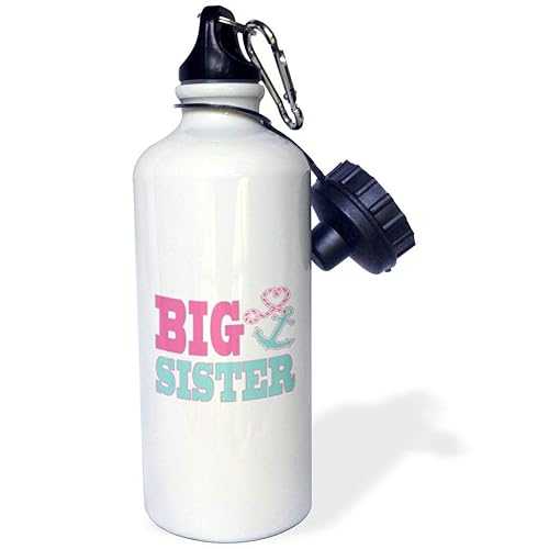 3dRose Big Sister Cute Anchor and Heart Rope Pink and Aqua Sports Water Bottle, 21 oz, Multicolor