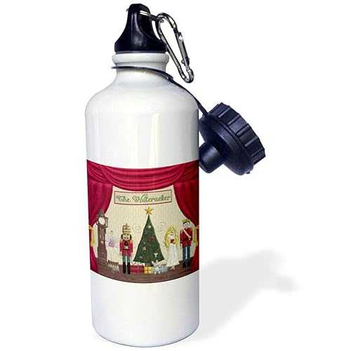 3dRose Nutcracker Prince, Sugar Plum Fairy, Mouse King, Snow Queen, Clock Sports Water Bottle, 21 oz, White