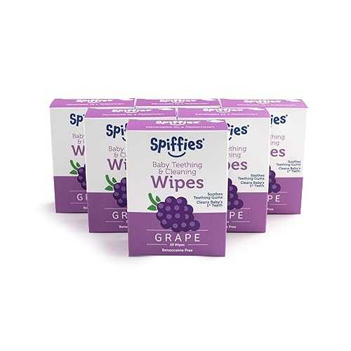 Spiffies Baby Oral Care Tooth Wipes - Gum \u0026 Teeth Wipe Tissues for Teething Relief \u0026 Cleaning Infant \u0026 Toddler Teeth - Baby Tooth Wipes w/Xylitol for Ages 0-12 Months \u0026 Up (Grape, 20 Count, 6 Pack)