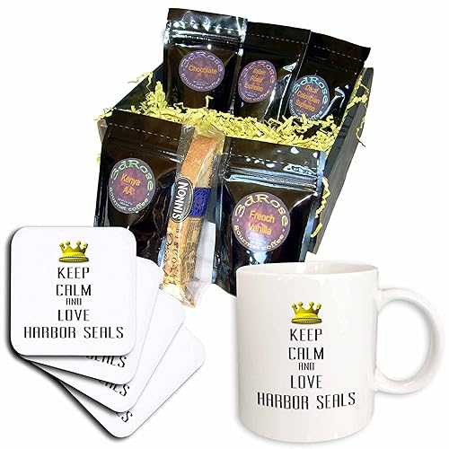 3dRose Gold Crown Keep Calm and Love Harbor Seals Coffee Gift Basket, Multi