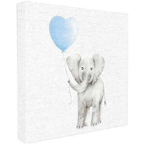 Stupell Industries Baby Elephant Blue Balloon Linen Look Stretched Canvas Wall Art, Proudly Made インチ USA