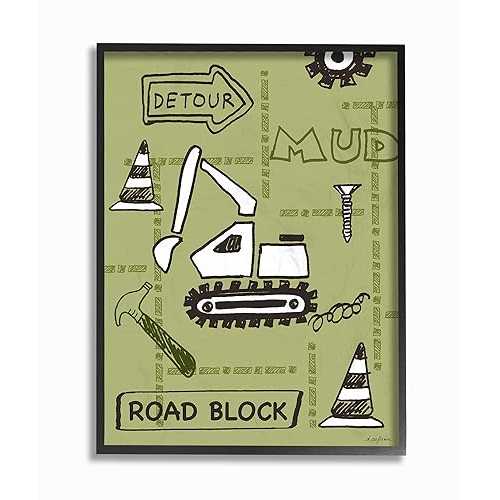 Stupell Industries The Kids Room By Stupell Detour Green Bulldozer Road Block Construction Zone Framed Texturized Art, 11 x 14, Proudly Made in USA, Multicolor画像