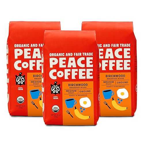 Peace Coffee Birchwood Breakfast Blend, Medium Roast (Sumatra & Peru Origins) Organic Fair Trade Coffee, Ground 3 pack