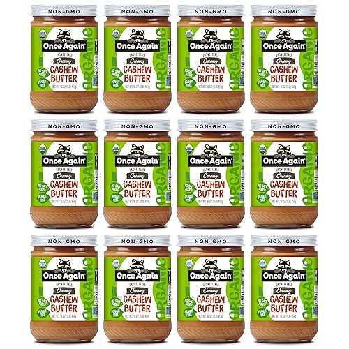 Once Again Organic Creamy Cashew Butter, 16oz - Unsweetened - USDA Organic, Gluten free Certified, Vegan, Kosher, Peanut Free - Glass Jar - 12 Pack
