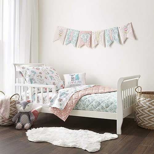 Levtex Baby - Fiona Toddler Bed Set - Pink, Aqua, White - Woodland Forest Theme - 5 Piece Set Includes Reversible Quilt, Fitted Sheet, Flat Sheet, Pillow Case, Decorative Pilow