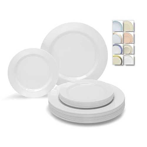 OCCASIONS FINEST PLASTIC TABLEWARE " OCCASIONS " 120 Plates Pack,(60 Guests) Heavyweight Premium Wedding Party Disposable Plastic Plates Set -60 x 10.5'' Dinner + 60 x 7.5'' Salad/Dessert (Plain White)｜Glomarket