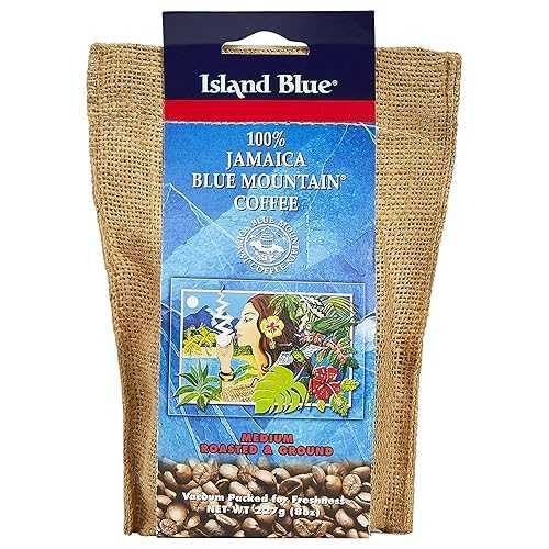 Island Blue 100% Jamaica Blue Mountain Fresh Roasted & Ground Coffee Medium Roast Gourmet Coffee Ground Vacuum Packed in a Burlap Bag, 8 oz