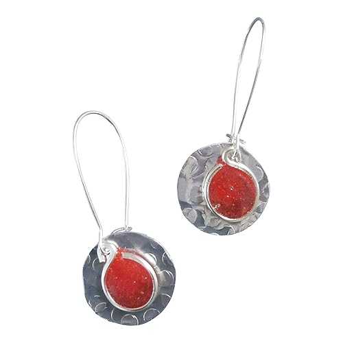 Handmade Lightweight Silvertone Round Small 2 Tone Red Resin Disc Drop Earrings Beads by Bettina 6,397円