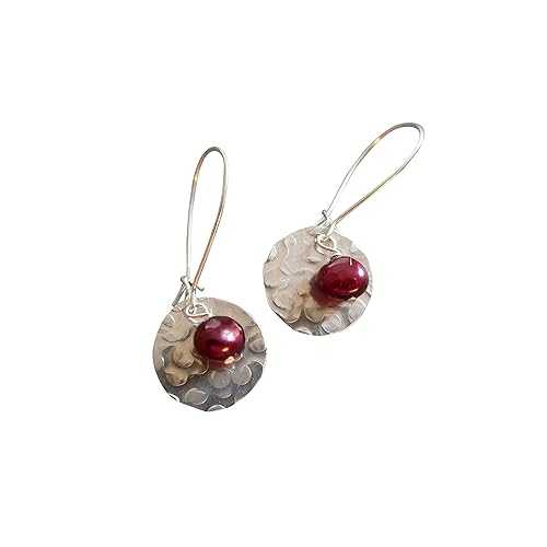 Beads by Bettina Handmade Lightweight Silvertone Womens Small Disc Drop Dangle Earrings With Cranberry Red Pearls