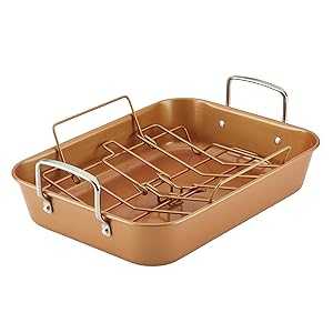 Ayesha Curry Nonstick Roaster / Roasting Pan with Rack - 11 Inch x 15 Inch, Brown