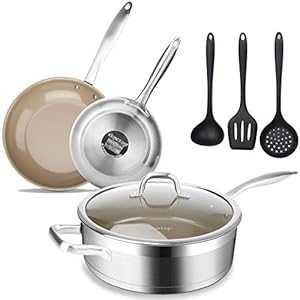 Duxtop 7マイコン Stainless Steel Ceramic Coated Nonstick Pans Set, Induction Frying Pans, Non-stick Saute Pan with Lid, Impact-bonded Technology, FUSION Titanium Reinforced Ceramic Coating