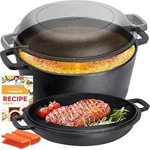 Overmont 2 インチ 1 ダッチオーブン スキネットボール蓋付き添い人 クックブック 処方せん 5 QT 鋳鉄キャセロールポット + 1.6 QT スキネットボール蓋 味付け済み 手持ち部分覆いかぶせる付き添い人 難民キャンプ 老人ホーム煮炊き BBQ ベーキング 模範例: OV007 Overmont 2 インチ 1 Dutch O