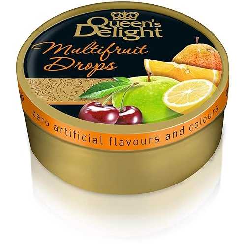 Queen's Delight 天然成分と本物のフルーツジュース ハード キャンディ マルチフルーツ ドロップス缶、5.3 オンス (150g) - 10 缶 Queen’s Delight Natural Ingredients and Real Fruit Juice Hard Candy Multifruit Drops Tin, 5.3 Ounces