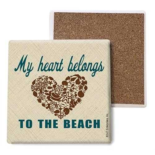 SJT ENTERPRISES, INC. My Heart Belongs to The Beach Absorbent Stone Costers Absorbent Stone Coasters - Cork-Backed Coasters for Drinks - Beach Kitchen Decor - 4 x 4 inches - Set of 4 (SJT04923)画像